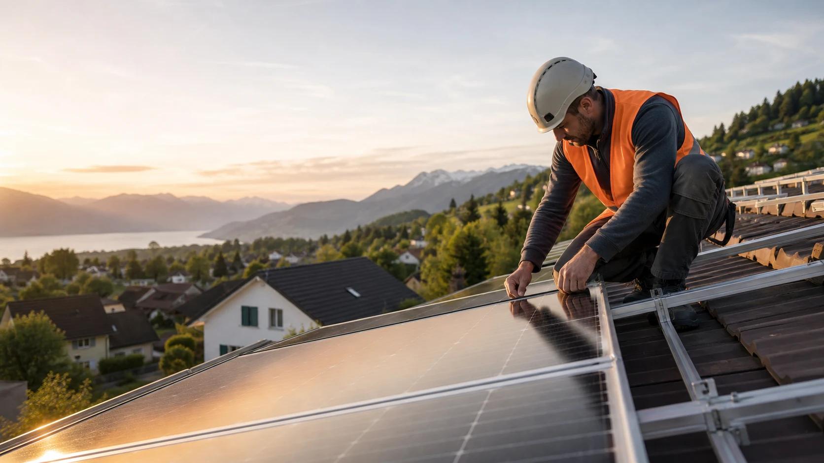 Installateur de panneaux solaires sur un toit avec les Alpes en arrière-plan
