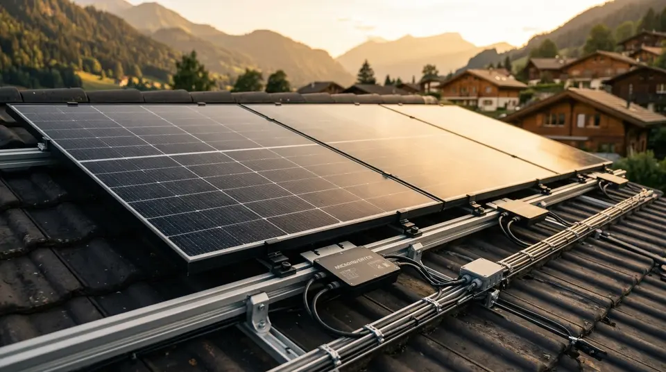 Toiture solaire avec detail materiel micro-onduleur en environnement suisse